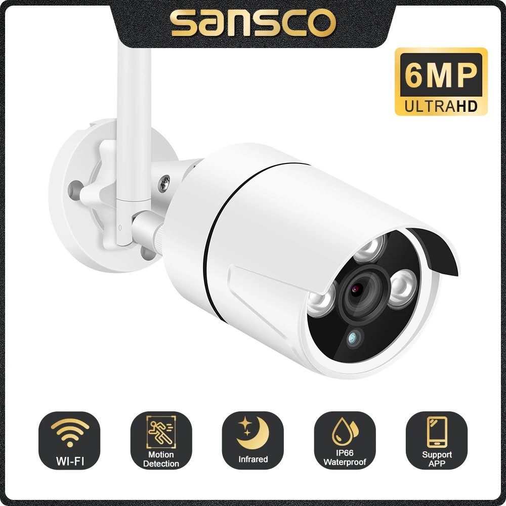 SANSCO 6MP HD Wireless Video Security Cameras 3K Outdoor WIFI Surveillance IP Camera Audio Recording AI Detection