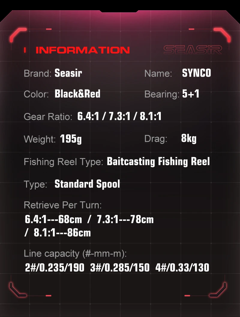 SEASIR SYNCO Baitcasting-Rolle mit 6,4/7,3/8,1 Übersetzungsverhältnis, Messinggetriebe, NMB-Lager 5+1, 8kg Bremskraft, Salzwasser-Angelrolle – Detail 1