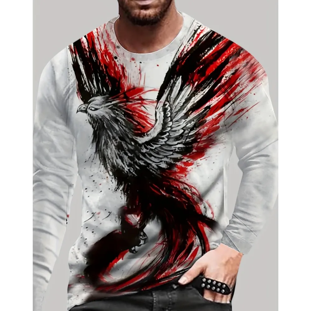

Fall Large Size Long Sleeve Men's Clothing T Shirt Cubic Animal Print O Neck Long Sleeve Top Casual Street Eagle Vintage Shirt