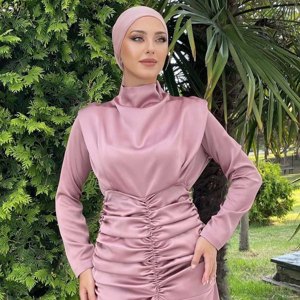 

Elegant Satin Pleated Muslim Dress for Women Dubai Abaya Kaftan Femme Musulmane Islam Clothing Turkey Caftan Party Gown Vestidos
