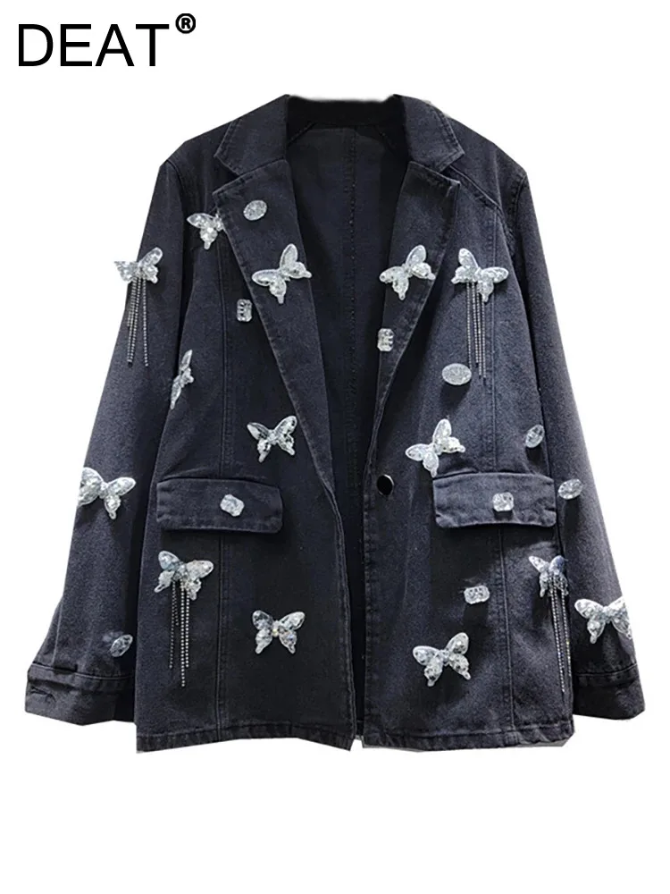 

DEAT Women's Denim Suit Jackets Notched Collar Diamonds Sequins Butterfly Tassel Elegant Blazer 2024 Autumn New Fashion 29L7335