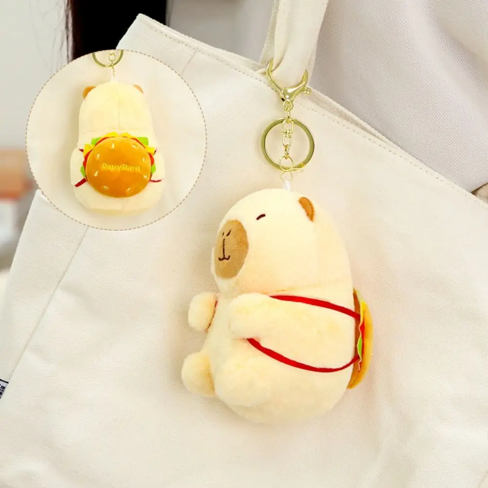 Creative Fluffy Capybara Plush Key Chain Soft Hamburger Plush Kapibara Key Ring French Fries Funny Stuffed Animals Toy Girls