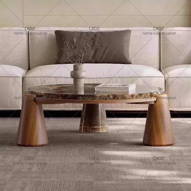 Wabi Sansan Round Marble Coffee Table High End Light Luxury Walnut Medium Antique Side Table Combination