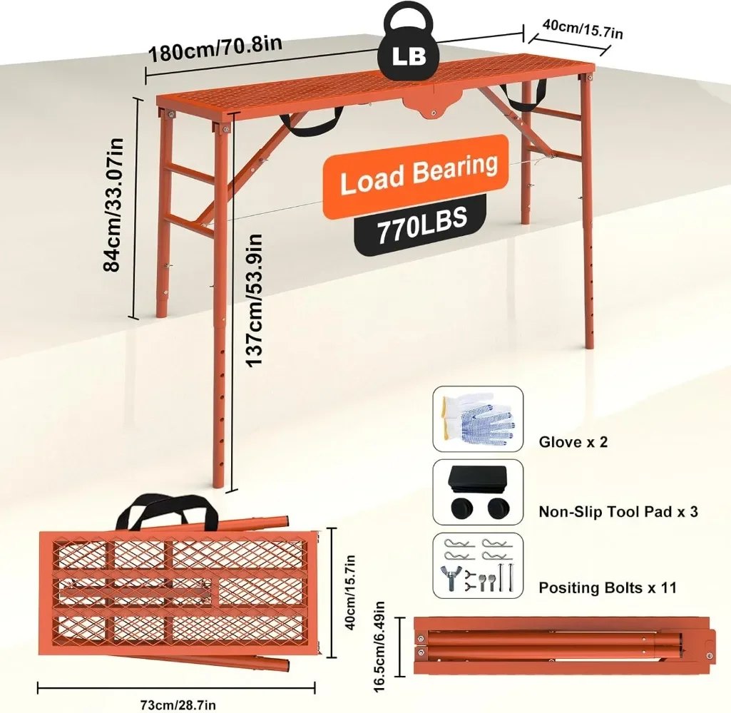 Gerüstplattform, zusammenklappbare Arbeitsplattform, Gerüst 70,8'' (L) x 15,7'' (B), höhenverstellbare Gerüst, tragbare Arbeitsplattform