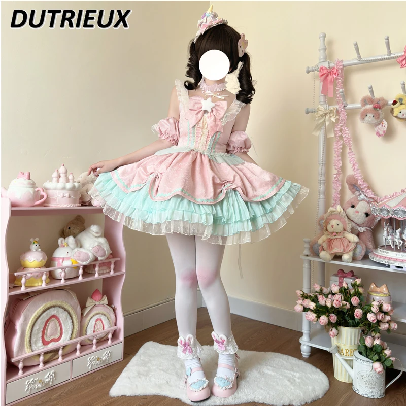 

Summer Original Design Lolita Sweet Cute Jsk Suspender Dress Kawaii Girls High Waist Slimming Sleeveless Lace Short Dresses