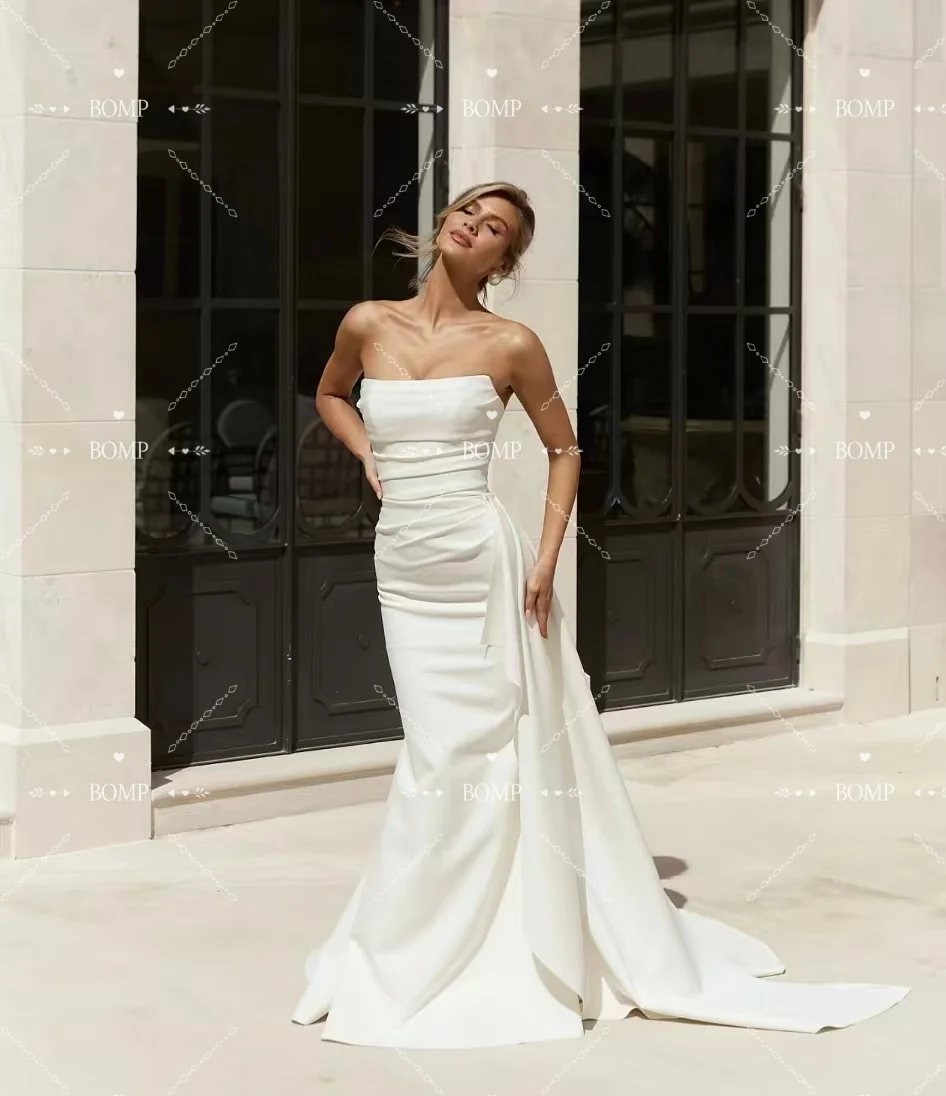 BOMP Simple Mermaid Wedding Dress Strapless Pleat Court Train Ivory Satin US Woman Bridal Gown Customized Vestidos De Novias