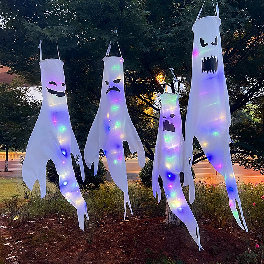 Halloween Light Ghost Windsock Flag LED Glowing Hanging Ghost Wind Sock Spooky Face Ghost Pendant Halloween Party Decoration