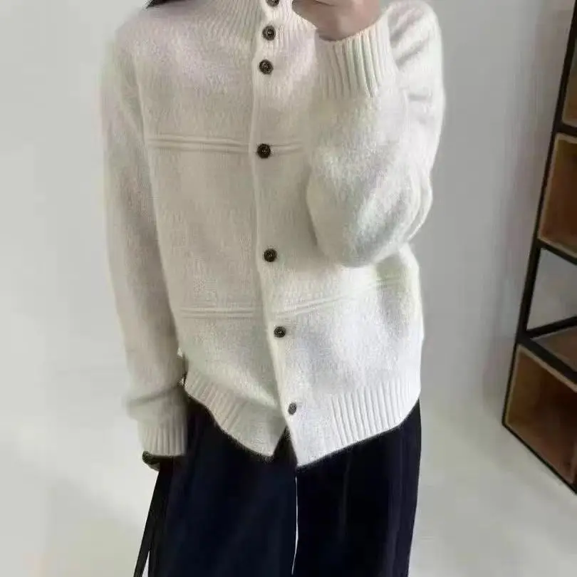 

Autumn Winter Loose Versatile Tops Retro Stand Collar Knitted Sweater Coat Women's Grey Single Button Turn Collar Open Cardigan