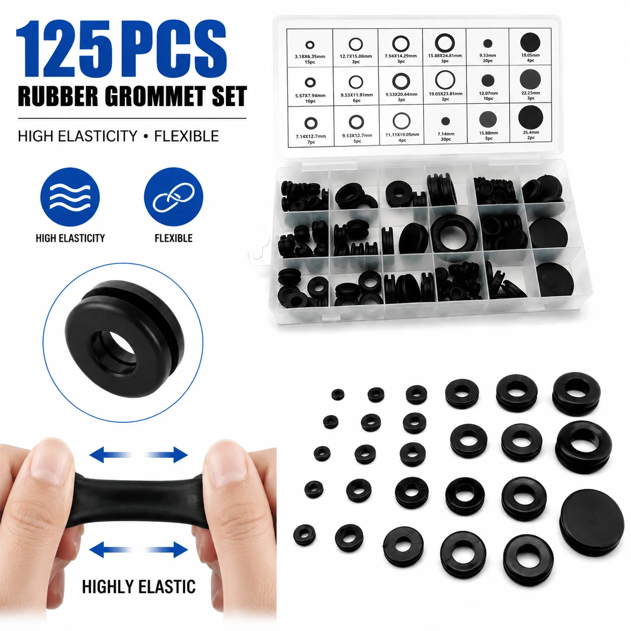 125 Pieces of Black Rubber Sealed Coil O-ring Instrument Wire Hole Protection, Noise Reduction and Wear-resistant Wire Washer