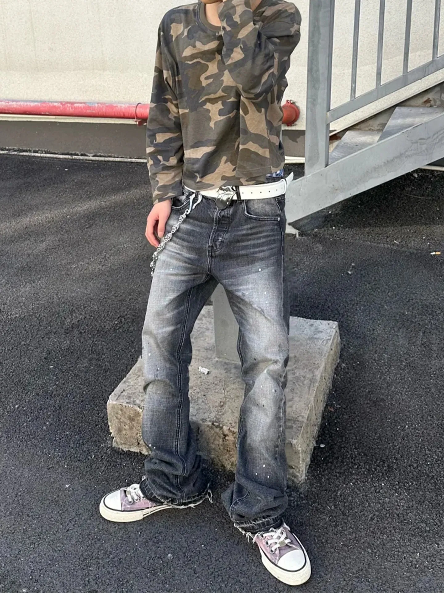 American Style Men's High Street CleanFit Torn Long Pants Knife  Flared Denim Jeans Black Grey Splat Fringe Straight Leg