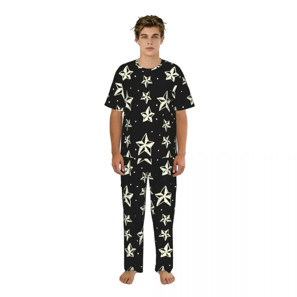

Мужской комплект пижамы: летние топы с коротким рукавом + длинные брюки, домашняя одежда, костюмы для сна с геометрическим принтом в виде звезд