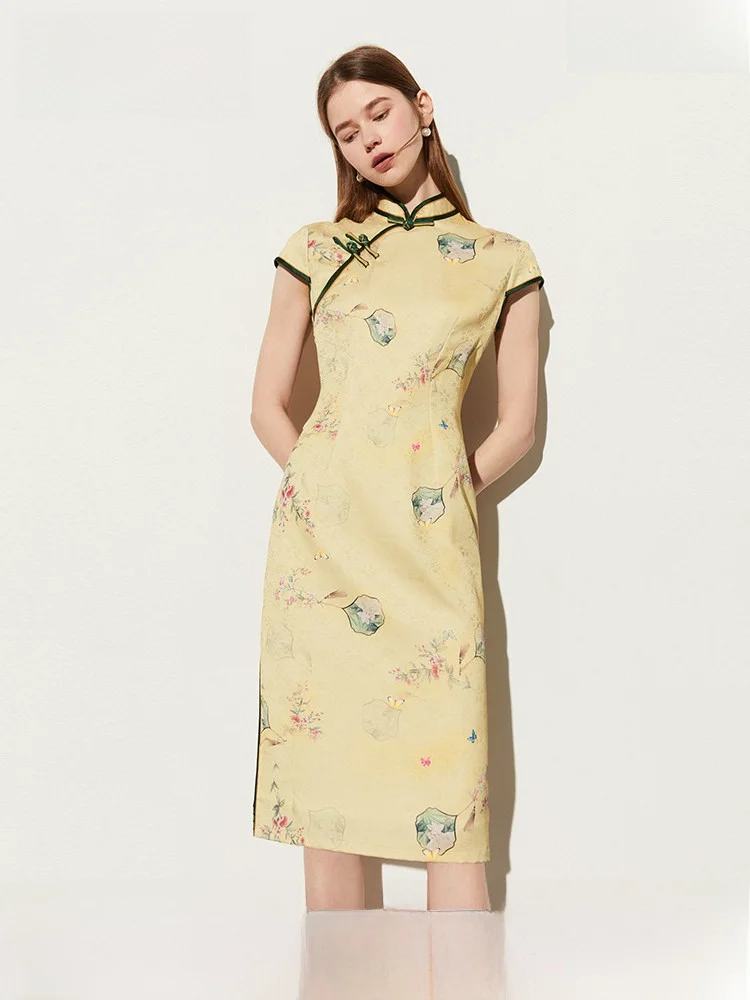 

Ele Chinese Sle Print Dr Side Slit Collar Stand up Button Side Open Split Qipao Skirt for Women