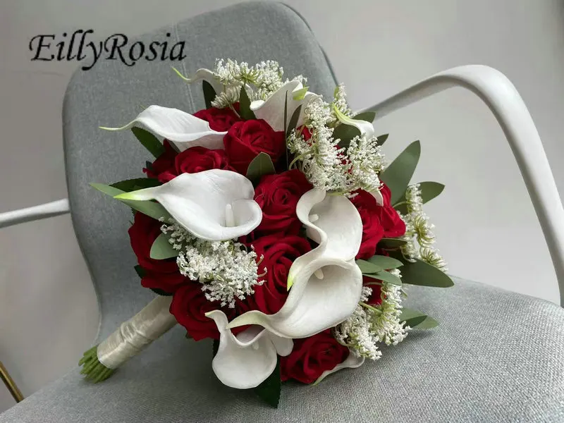 Eillyrosia Wit En Rood Bruidsboeket Calla Lelie Rozen Greenary Eucalyptus Blad Ronde Bruidsmeisje Bedrijf Bloemen Kunstmatige