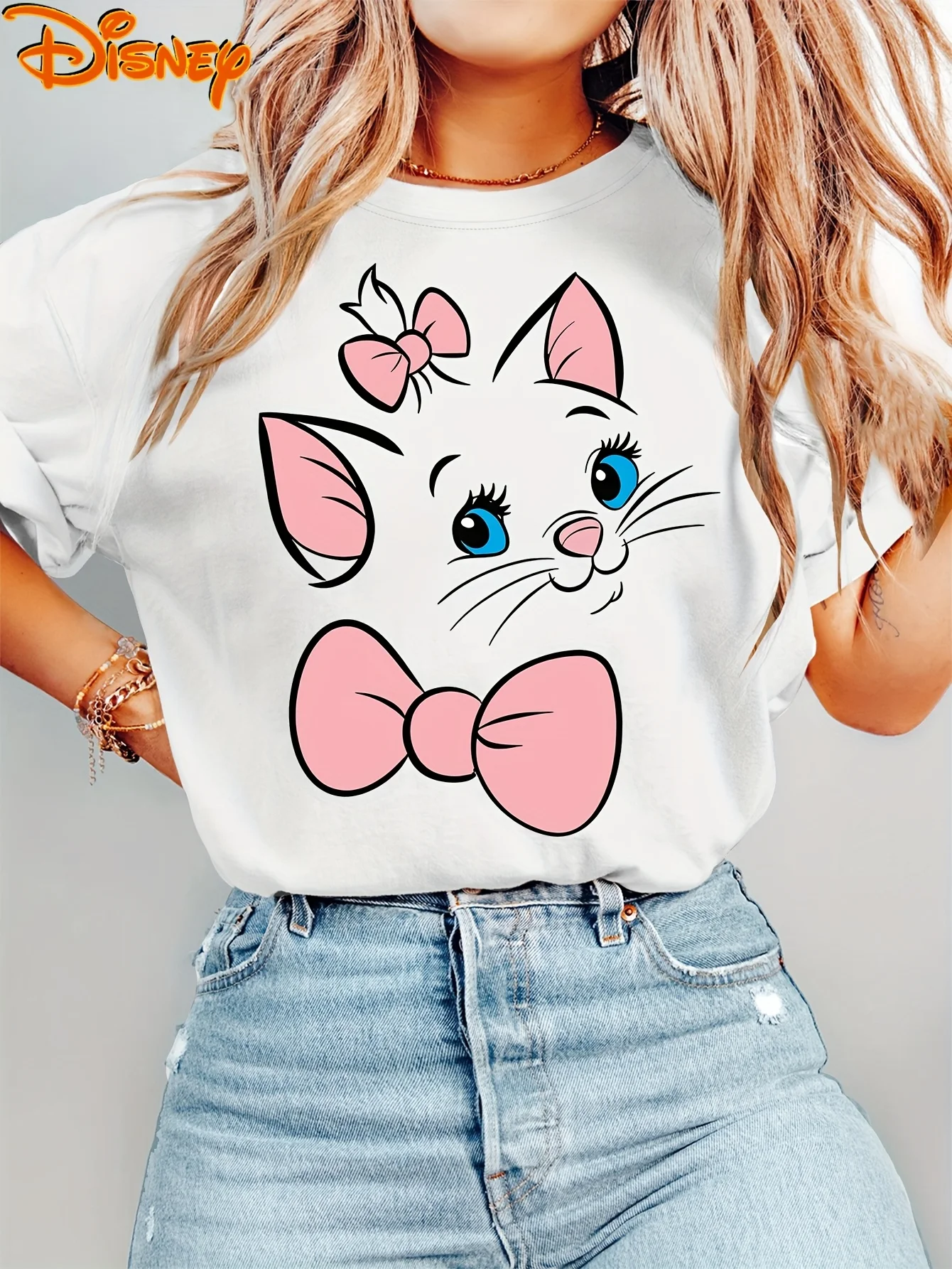 Women's Disney Marie Cat & Pink Bow T Shirt Men Cotton Tee O-Neck Casual Oversize Short Sleeve Streetwear Top Clothing Vacation