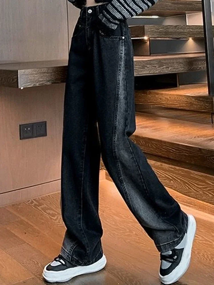 امرأة عالية الخصر الجينز سيدة الأمريكية شارع العليا المرقعة مستقيم الساق السراويل الفتيات أسود رمادي التباين اللون واسعة الساق السراويل
