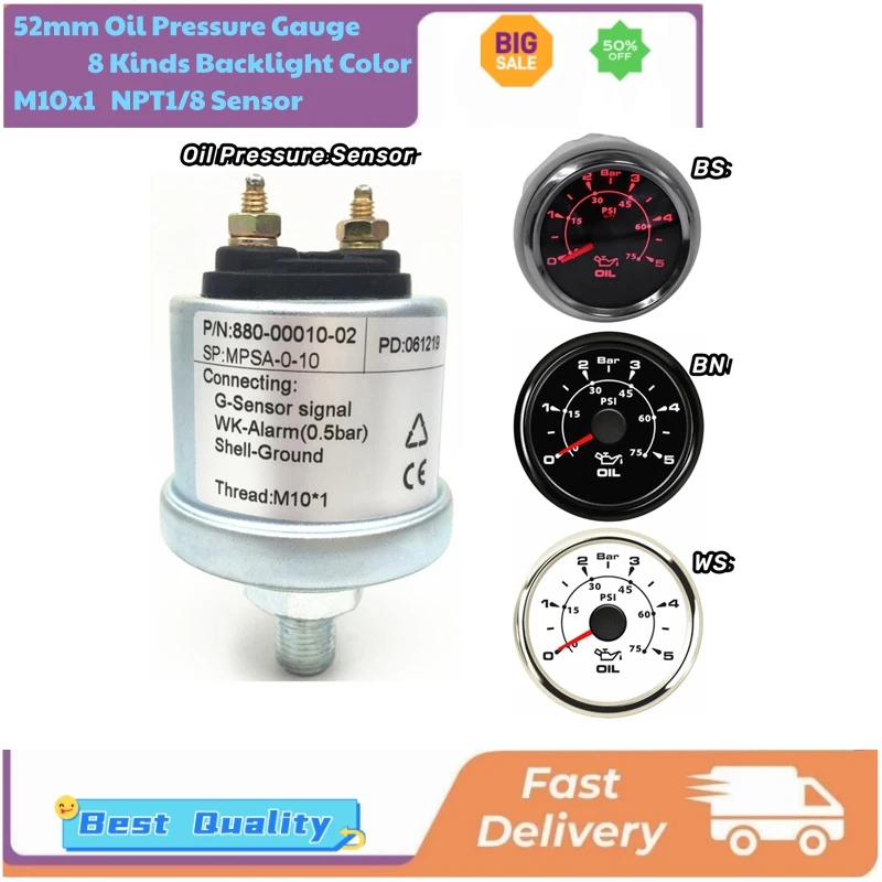 Auto NPT1/8 M10x1 Mechanical Oil Pressure Gauges Sensors 52mm 0.5bar Alarm System Sending Unit 0-5bar / 0-75psi 0-10bar Show