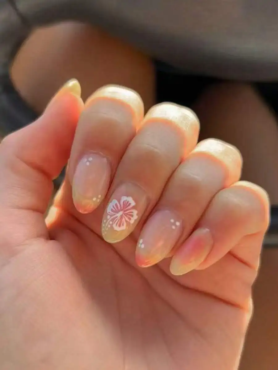 30pcs Short Almond Shaped Hibiscus Nail Art French Tip Fake Nails Set, Includes 1 Jelly Glue And 1 Nail File, Suitable For Women