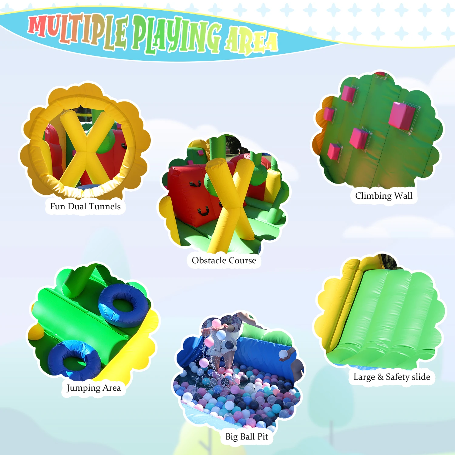 Inflatable Bounce House with 1100W Blower – Colorful Outdoor Play Castle Featuring Dual Crawl Tunnels, Large Slide, Climbing Obs