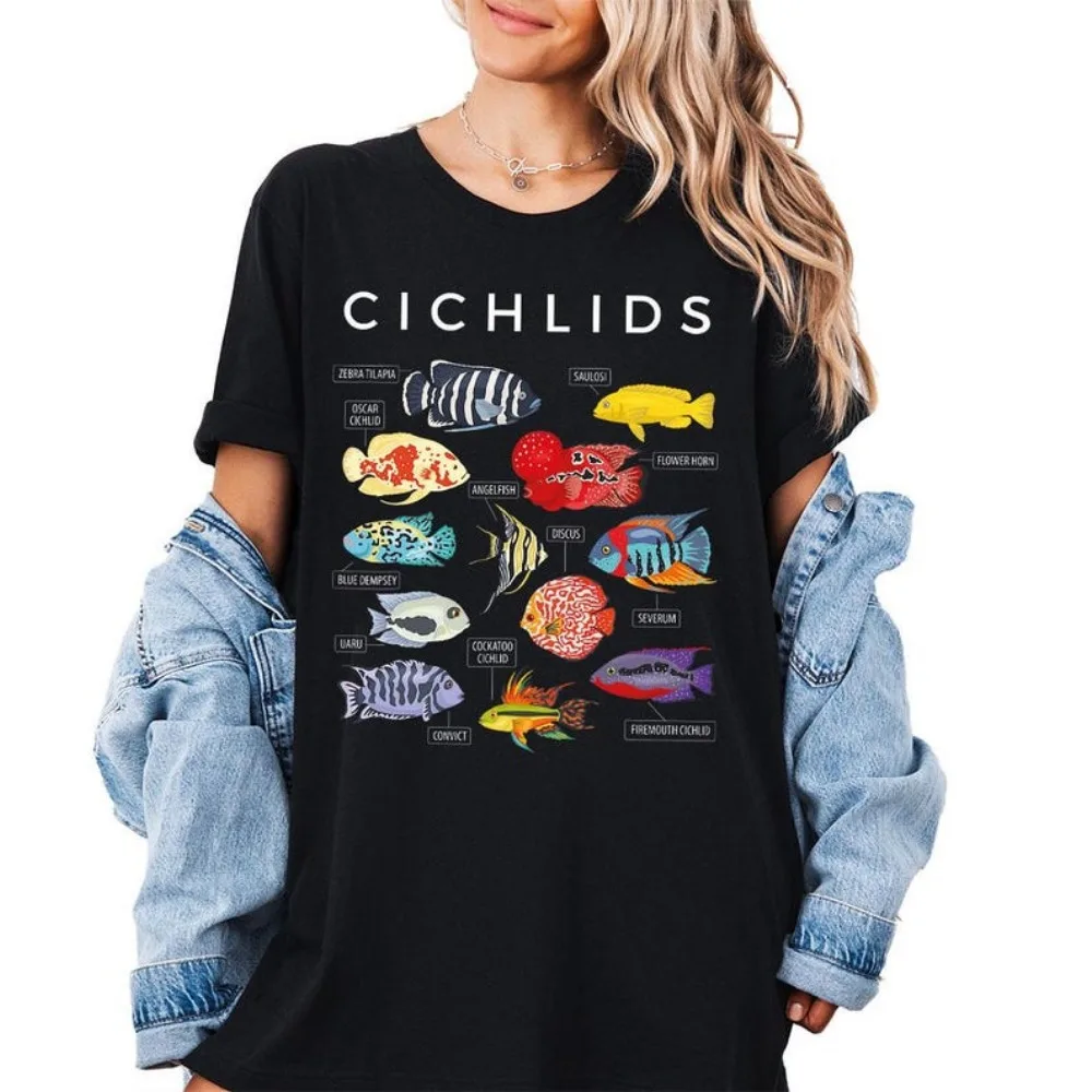 Cichlid الأسماك قميص ملون الأسماك الاستوائية تيز حوض السمك عاشق هدية الأنواع الرسم البياني قميص علم الأحياء المعلم تي شيرت الحيوانات الأليفة الأسماك المحملة