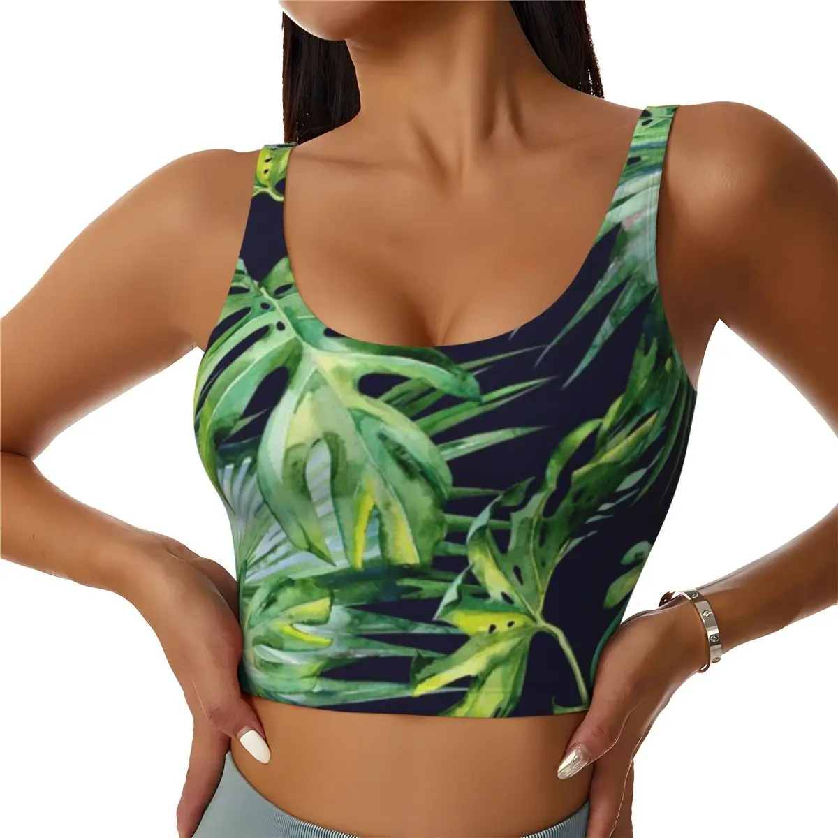 Fitness Vest Women Amazonian Green Watercolor Tropical Leaves On Navy Blue Rock Climbing Pilates Top