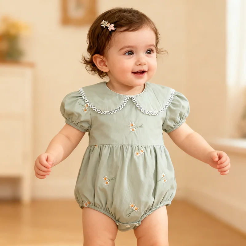 Girls Onesie 2026 Spring and Summer New Childrens Clothing Korean Style Girl Baby Embroidered Short Sleeve Farty Onesie