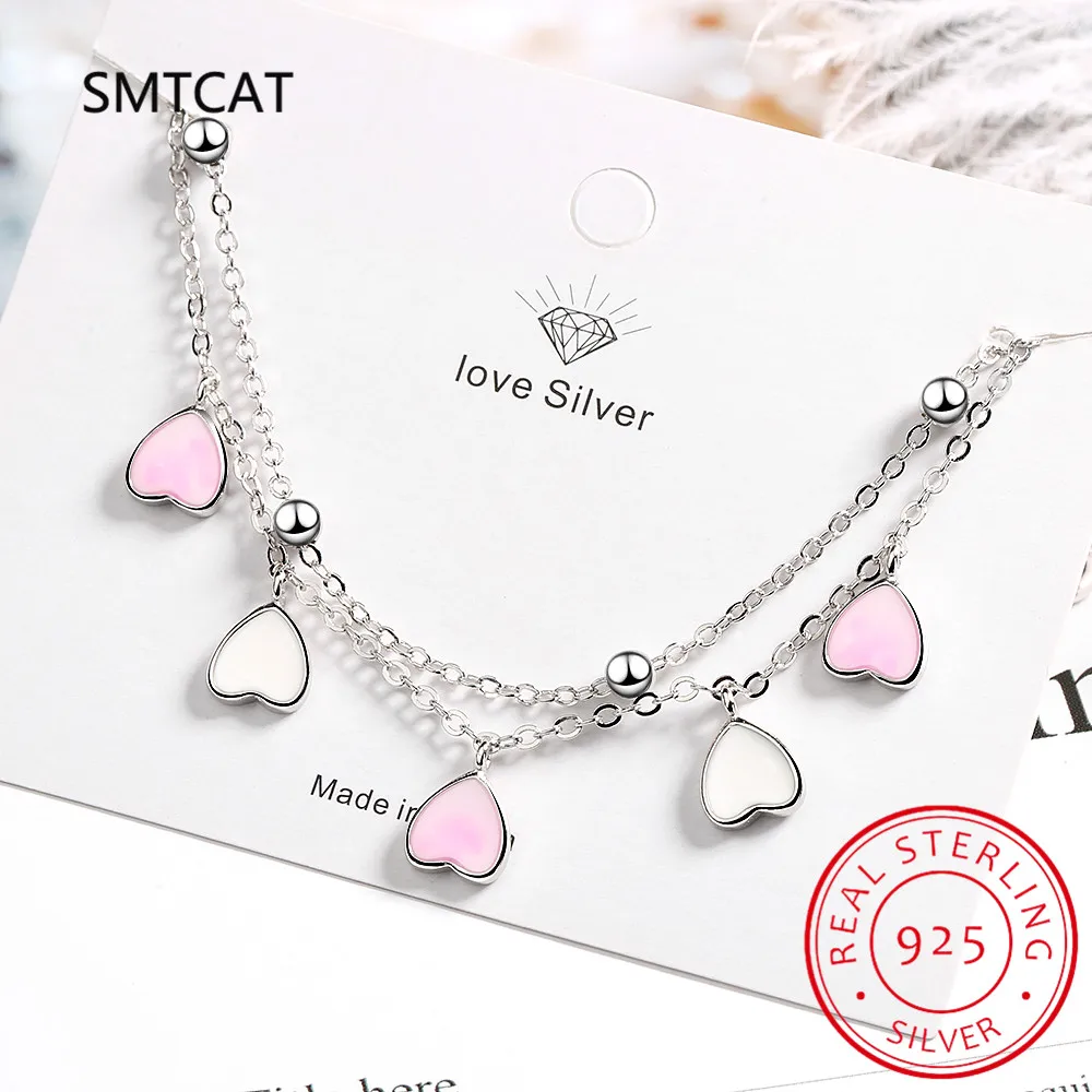 Sweet 925 Sterling Silver Pink Glaze Cherry Blossom Petals Gradient Heart Shaped Double Layer Chain Bracelet Pulseiras De Prata