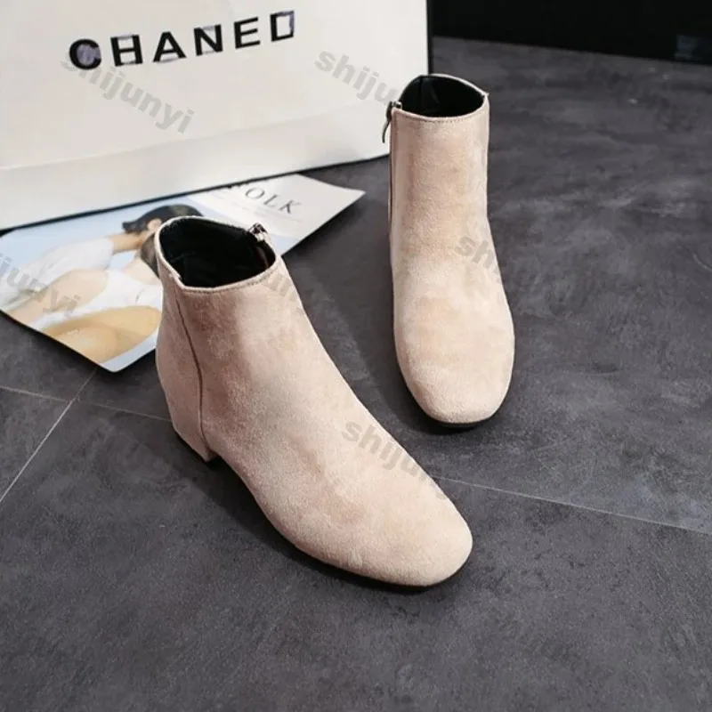 Women Suede Ankle Boots Chunky Heels Autumn New Fashion Mid-heel Shoes Women Trend Snow Boots Elegant Walking Goth Botas Mujer