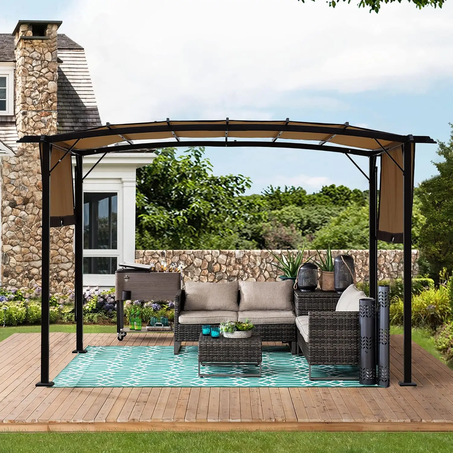 12'x9' Pergola with Retractable Canopy, Steel Frame Shelter with Adjustable Roof for Patio Garden, Black & Beige, Customized