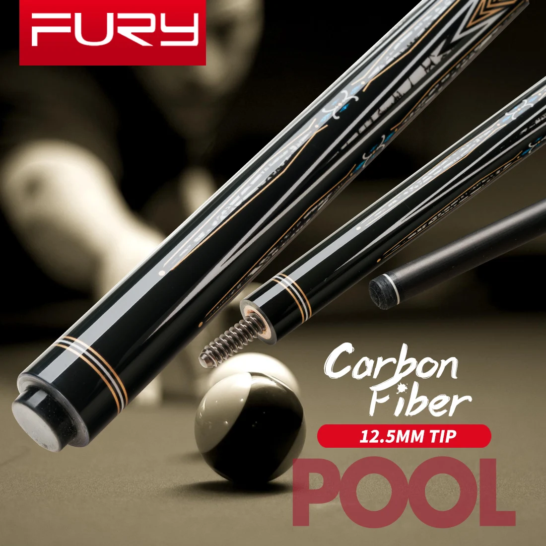 

FURY Carbon Fiber Pool Cue Stick 12.5mm Professional Carbon Technology Low Deflection3/8*10 Joint 147cm Kit