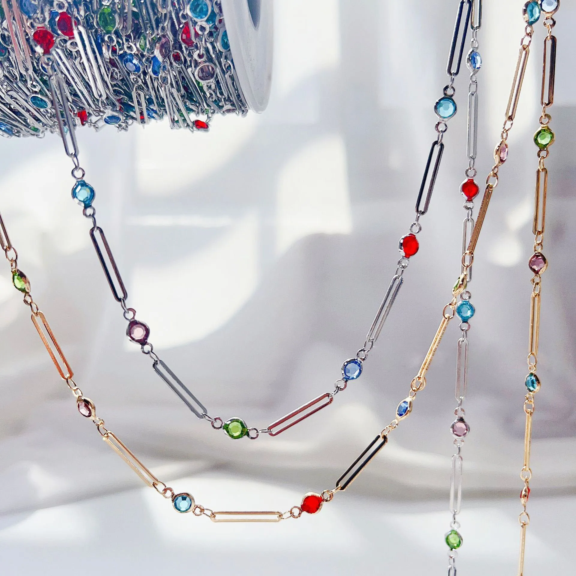 

New 1M Niche Oval Colored Imitation Rhinestone Copper Chain Temperament Necklace Bracelet for Women DIY Jewelry Making Supplies