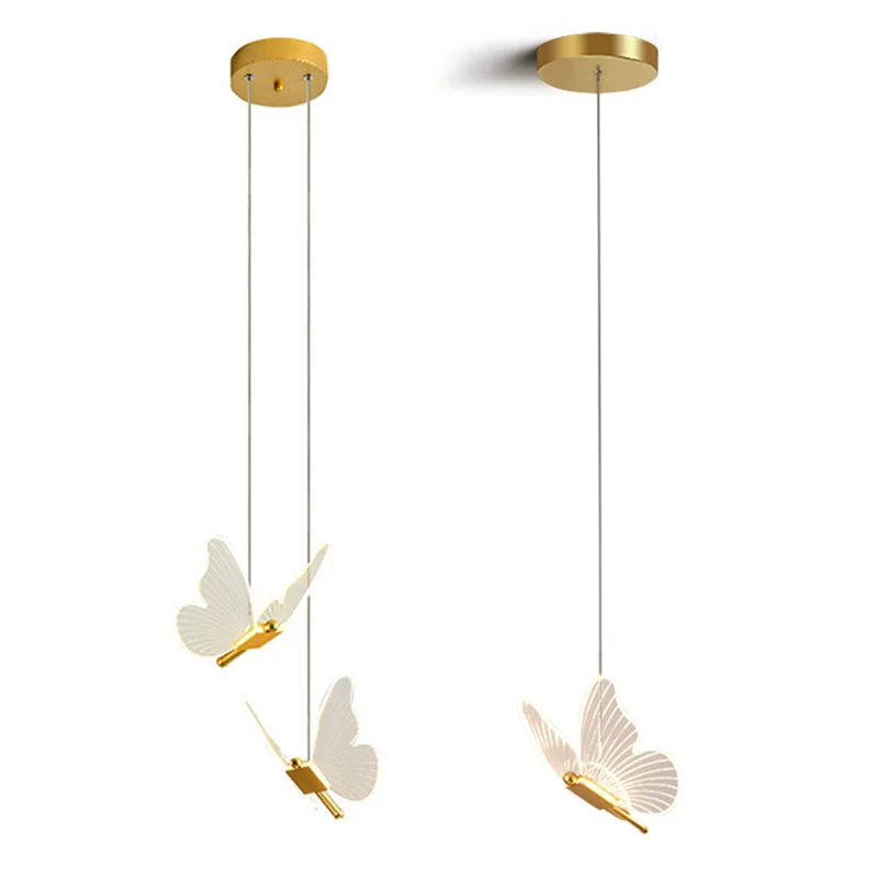 HHTL 2X Butterfly LED Pendant Lights Nordic Golden Bedside Chandelier Lighting For Living Room Bedroom Bedside Lamp B