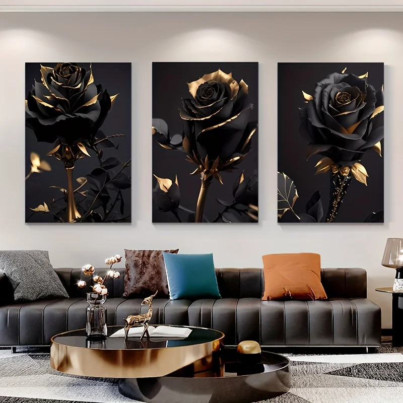 3pcs --Luxury abstract black and gold rose theme canvas wall art painting, 2D flat, suitable for Easter, Mother's Day, Mardi