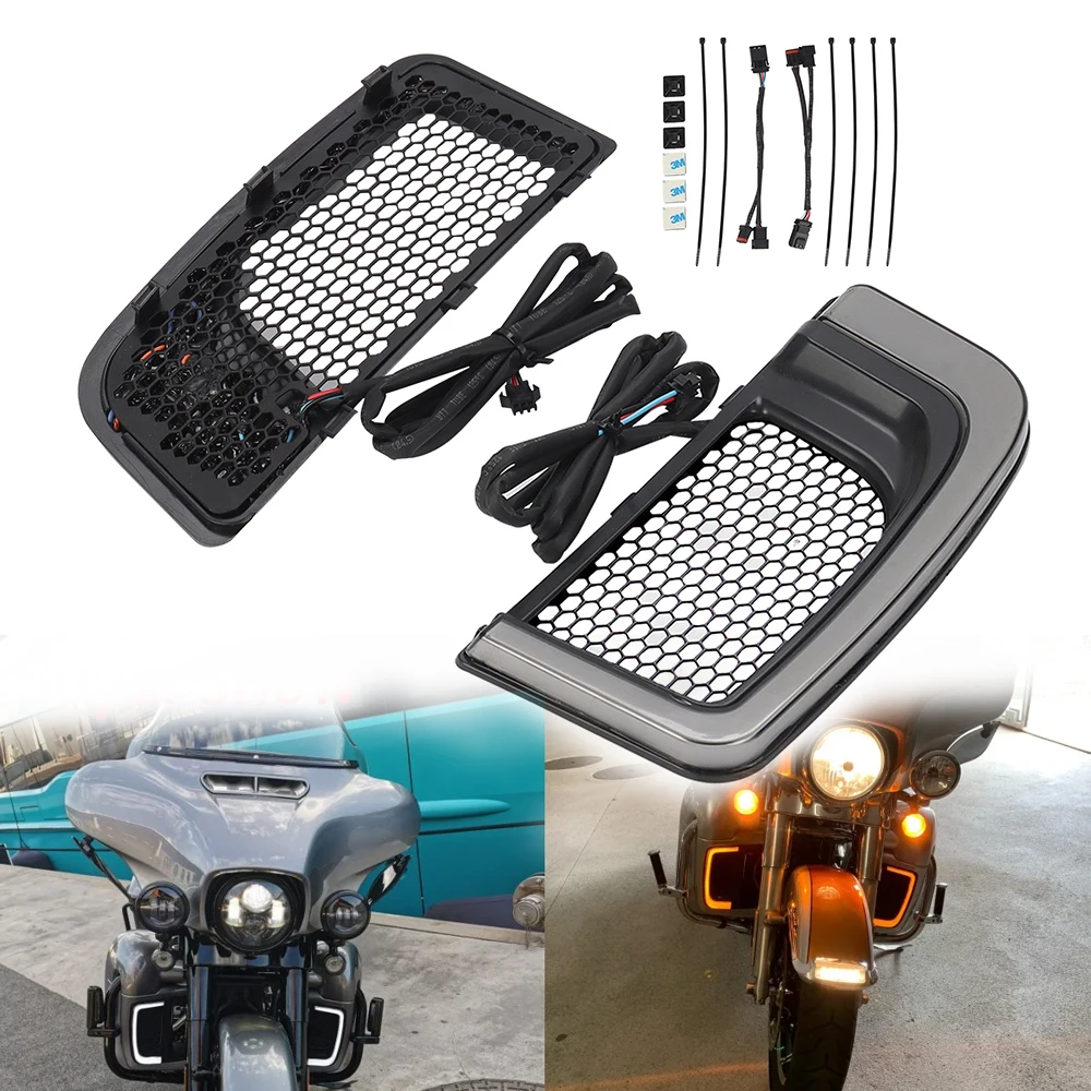 

Motorcycle LED Fairing Lower Grills Turn Signal Running Light Lamp Black For Harley Touring Street Road Electra Glide 2014-2022