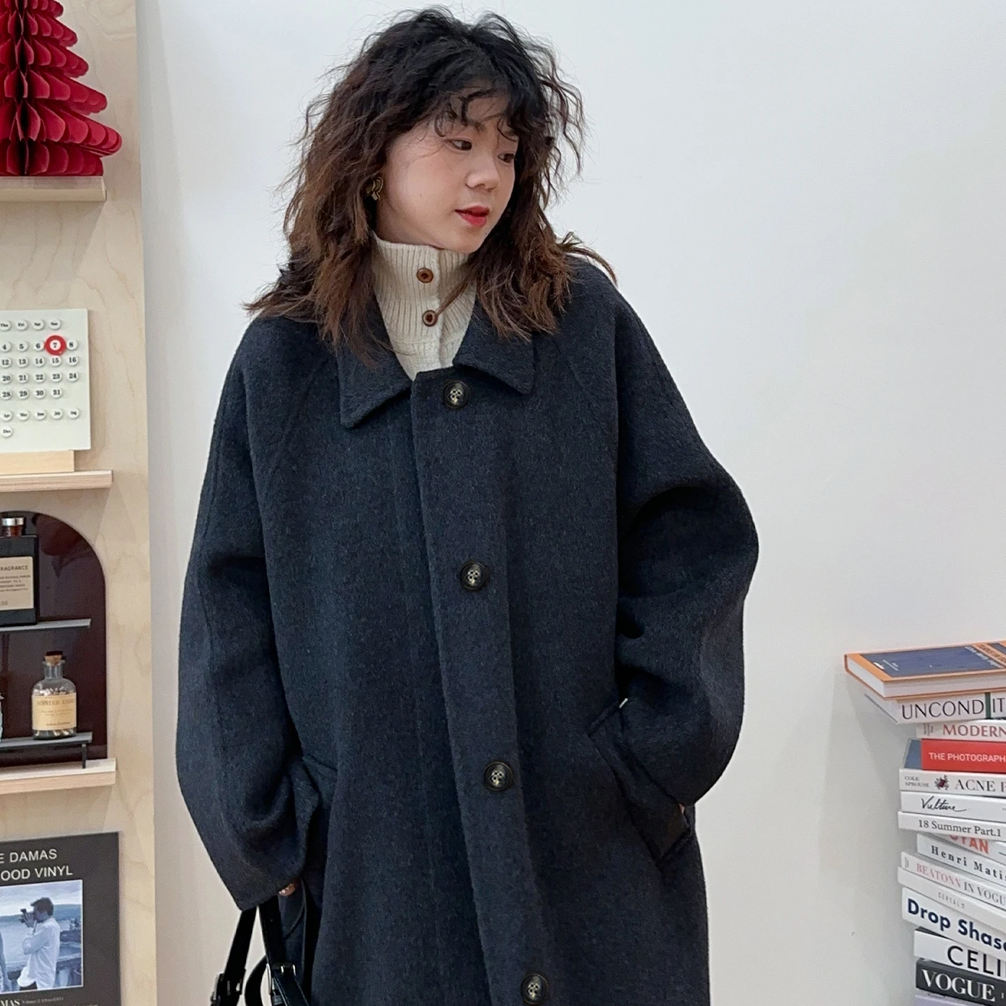 

Double-Faced Woolen Coat Korean Sle Loose Fit Turn-down Collar Medium-Length Korean Version Scorpion Aosphere Double-Brea...