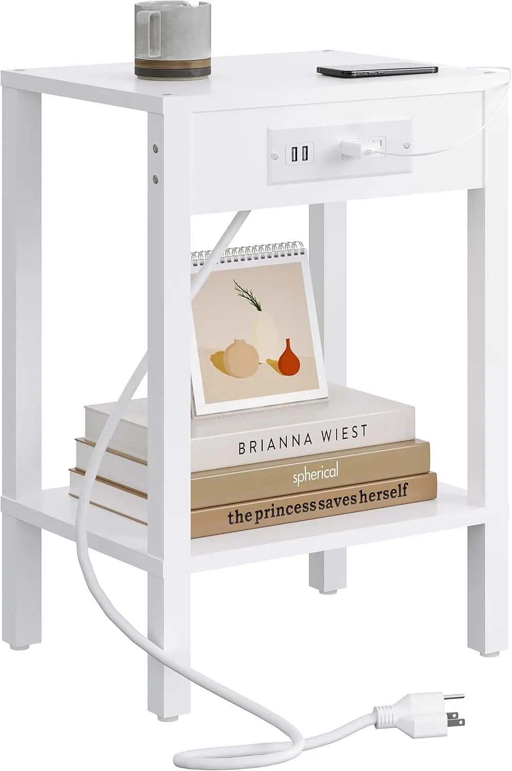 

Современный торцевой столик с зарядной станцией, двухъярусная тумбочка для хранения вещей, белый для спальни, гостиной, дивана, балкона MLBZ14WE