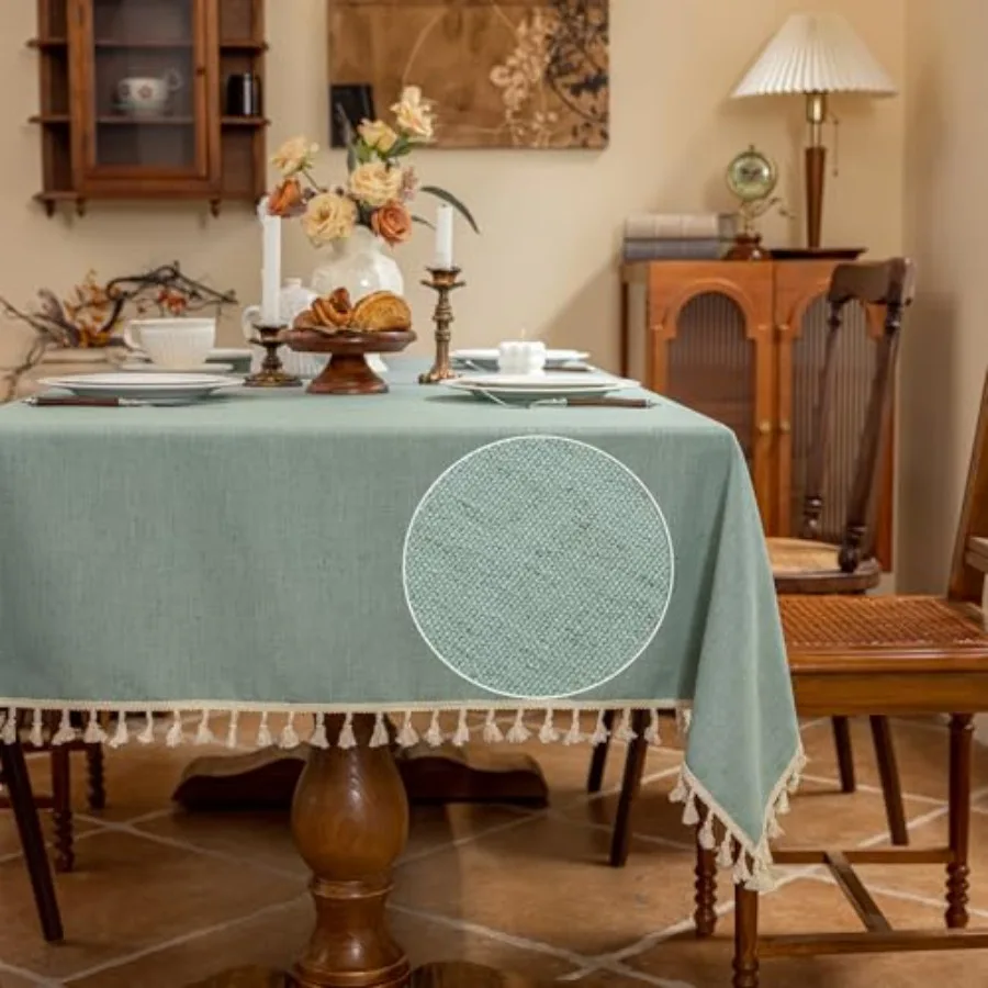 

AmHoo Linen Blend Tablecloth Table Cloth 280 GSM Stitching Tassel Rectangle Decorative Table Cover for Kitchen Dinning Wedding