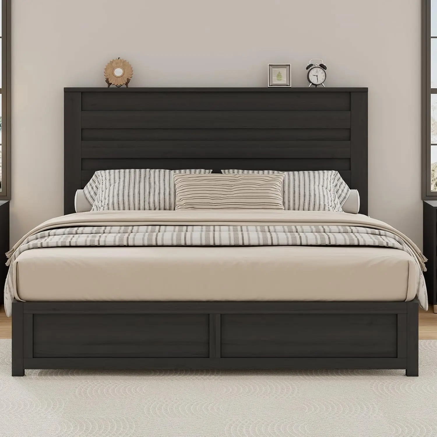 Farmhouse Bed Frame Com Cabeceira, 49 "Cabeceira, Plataforma, Suporte De Madeira Slats, Nenhuma Caixa De Mola Necessária, Fácil Montagem