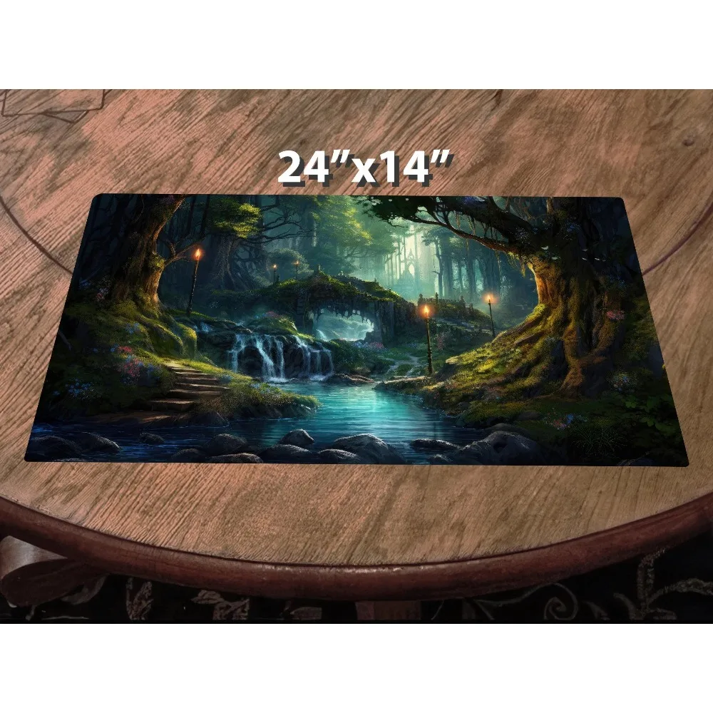 Large Elven Ancient Forest TCG Playmat Stone Arch Bridge Waterfall Stream Ruins Lantern Path Non‑Slip Desk Mat for Card Game