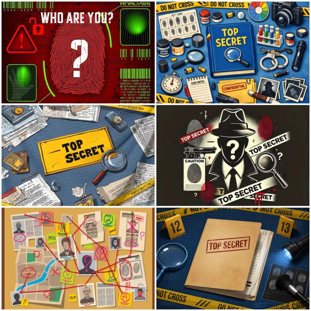 Décor de fête d'enquête d'espionnage : Évidences photo de scène de crime, empreintes digitales, jeu de décryptage, bannière et accessoires de décoration