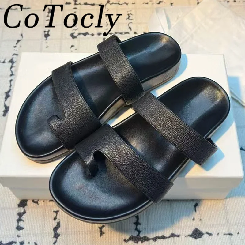 

New Flat Slippers Women Genuine Leather Round Peep Toe Mules Shoes Women Slides Holiday Beach Platform Slippers Woman Flip Flops