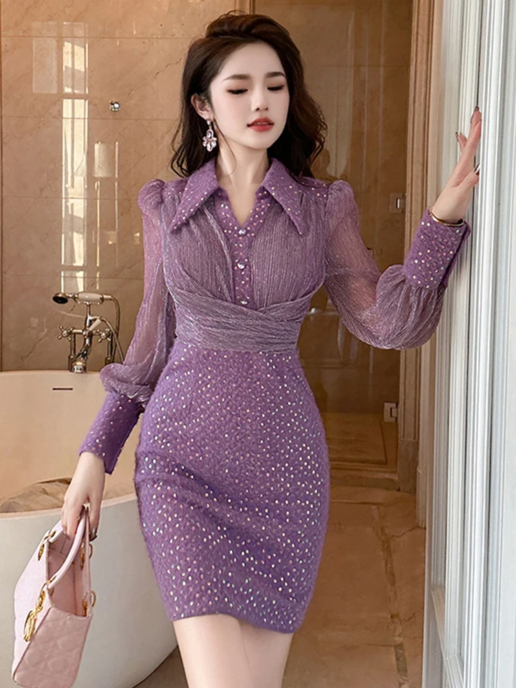 Exquisite Prom Dresses Women's Fashion Purple Twisted Polo Collar Bright Sequins Sheer Mesh Bodycon Short Gown Party Vestidos