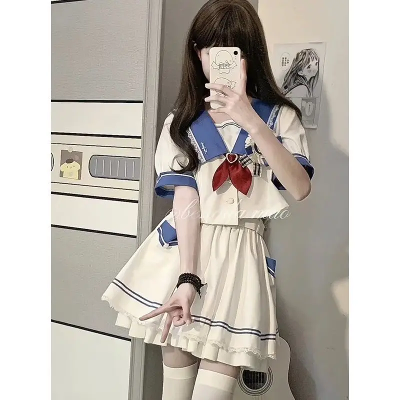 JK Uniform Plus Size S-8xl Girls Sailor Uniform Shirt Patchwork Ruffled Skirt Two-piece Set Women Can Be Wholesale