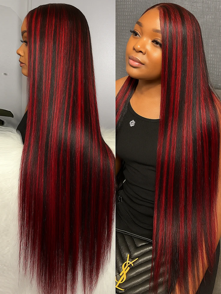 

1B/99J Omber Черный с красным бликом Парик Человеческие волосы 5x5 Прямой парик фронта шнурка Бесклеевой парик Человеческие волосы Вьетнамские бордовые парики