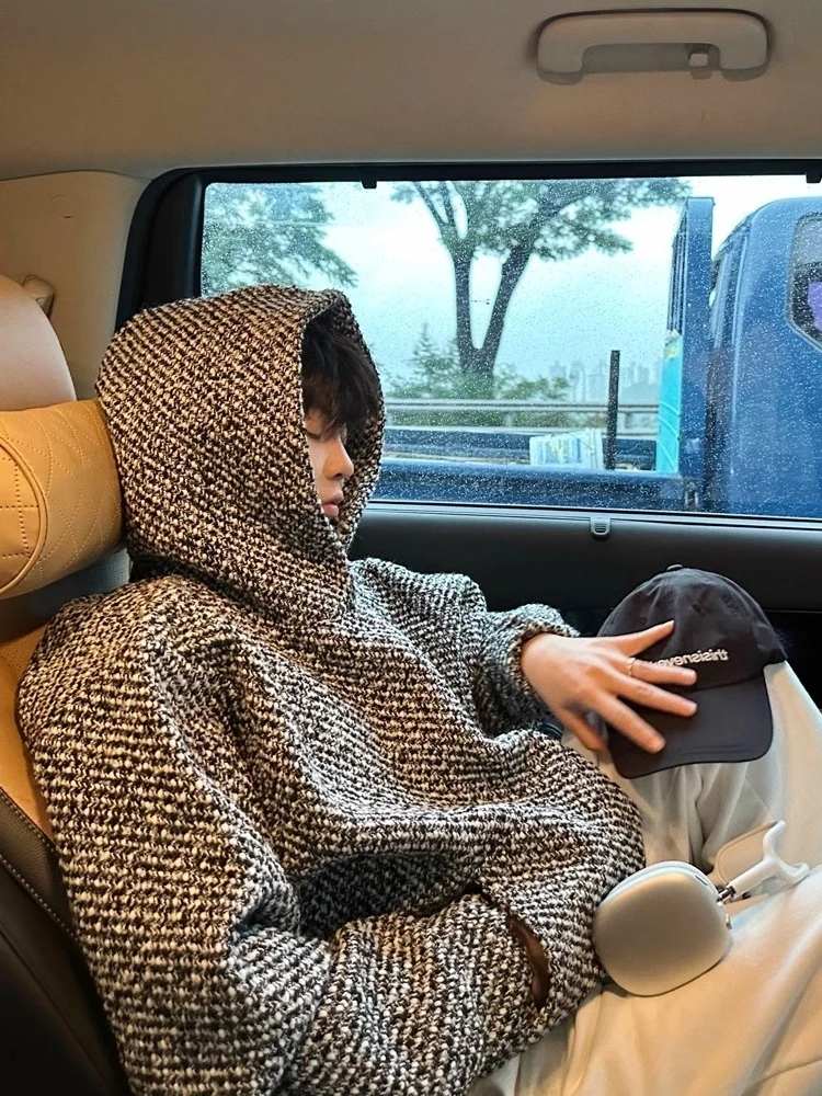 سترة رجالية فاخرة بغطاء للرأس لفصلي الخريف والشتاء، جاكيت سميك عصري من التويد، فضفاض بأكمام طويلة، ملابس كاجوال للشباب