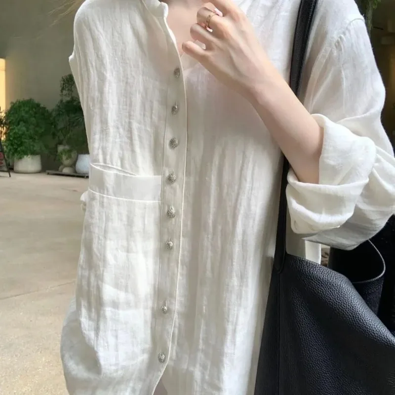 

Women's New Chinese Style Cotton Linen Shirt Summer Thin Sun Protection Long Sleeve Blouse Loose Slimming Cardigan Top