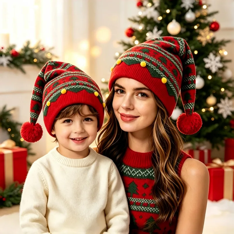 Christmas Knit Hat Parent-Kids Matching Vintage Xmas Tree Jacquard Beanie with Pom Pom Warm Party Costume Cap for Women Men