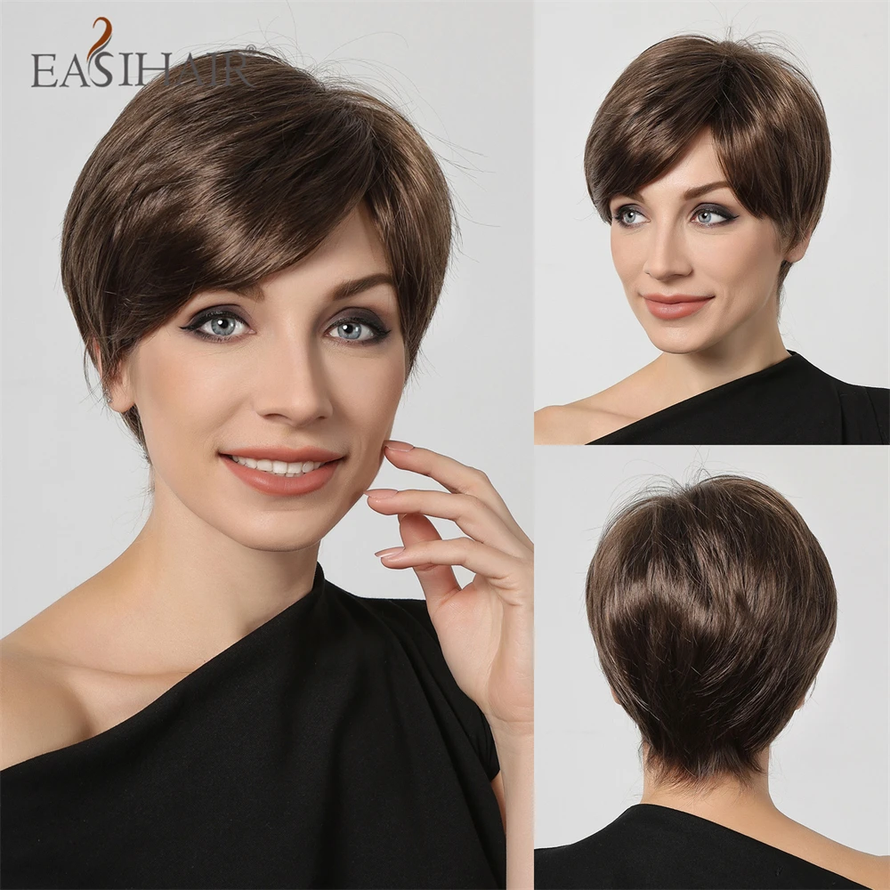 

Short Pixie Cut Synthetic Wigs with Bangs Brown Layered Straight Bob Wig for Women Natural Daily Cosplay Hair Wig Heat Resistant