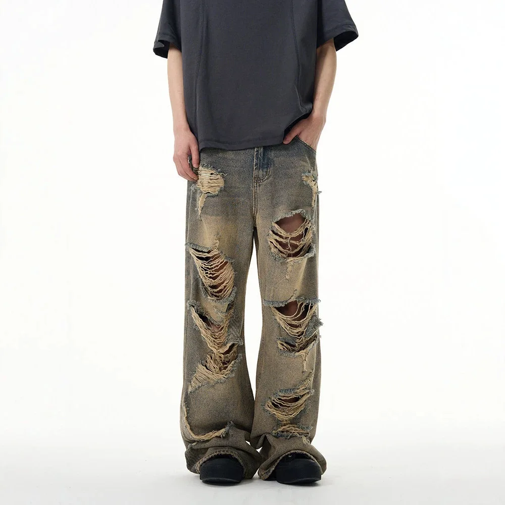 2026 Retro Straight Jeans Men Washed Ripped Loose Wide Leg Trousers Couples Vintage High Street Casual Daily Fashion Bottoms