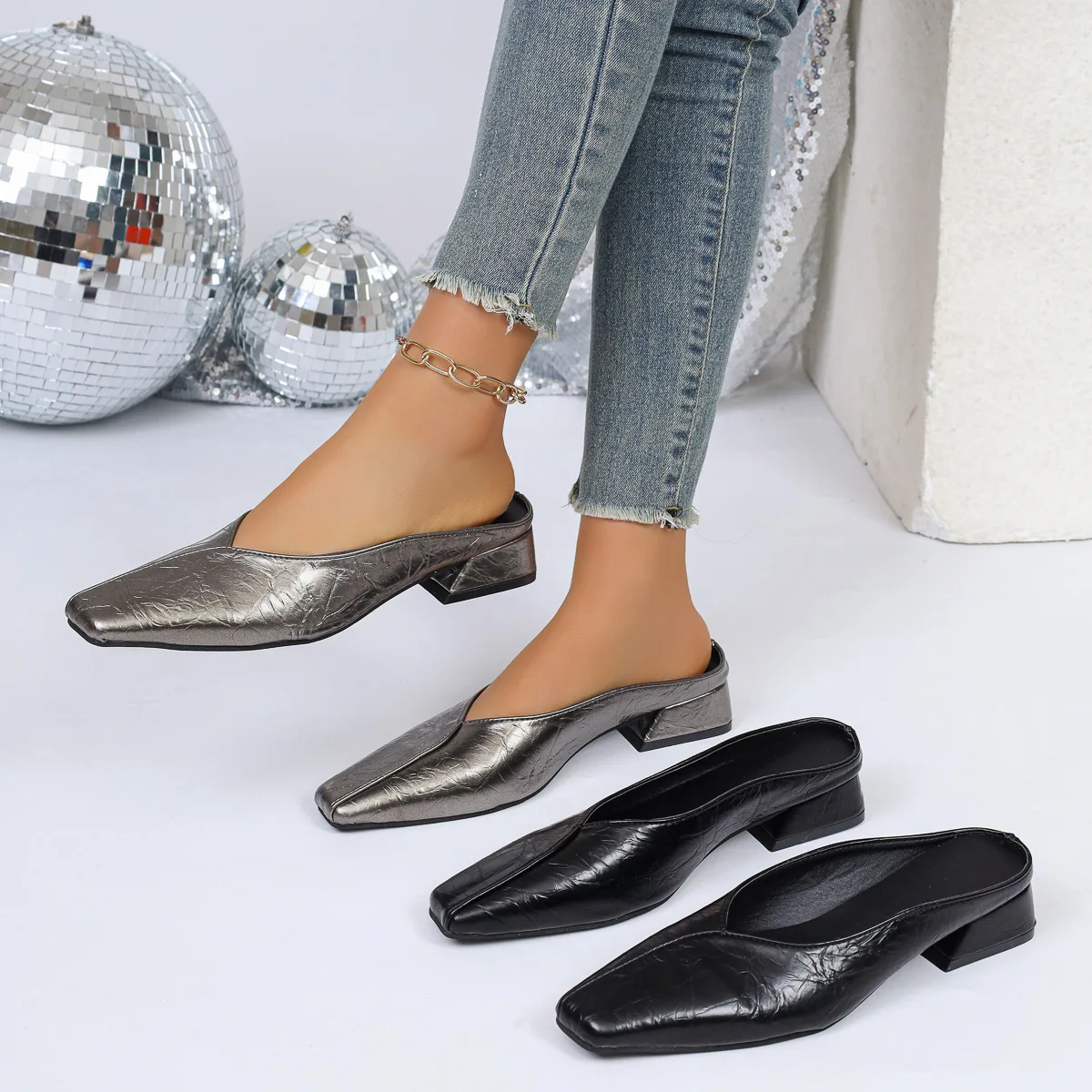 Sandalias de tacón medio grueso con punta cuadrada para mujer, sandalias de verano a la moda, pantuflas tipo mule, sandalias de diseñador, sandalias de tacón grueso a la moda para mujer