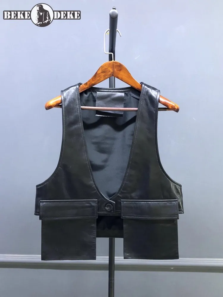 

Casual Versatile Women Waistcoat Tops V-Neck Single Breasted Sheepskin Genuine Leather Vest Sleeveless Ladies Jacket Retro Loose